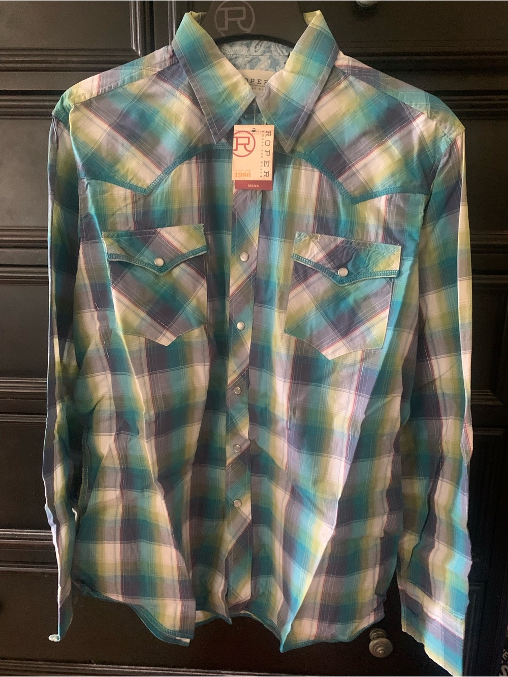 Roper Plaid Western Button-Down Shirt in Teal, Blue & Cream